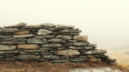 Stone wall in a foggy landscape