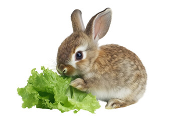 Fototapeta premium A curious rabbit munching on fresh lettuce in a cozy indoor setting during daylight hours