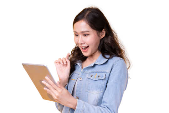 Young woman holding a tablet with a focused expression, isolated on a white PNG background, perfect for technology, business, and e learning concepts.

