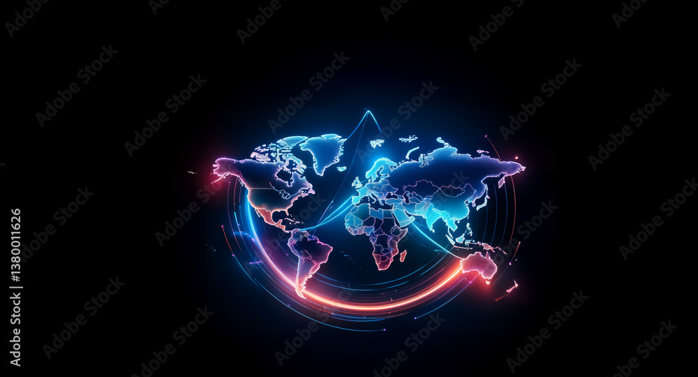 Poster glowing world map with blue and red lines encircling continents on a dark background. abstract digit