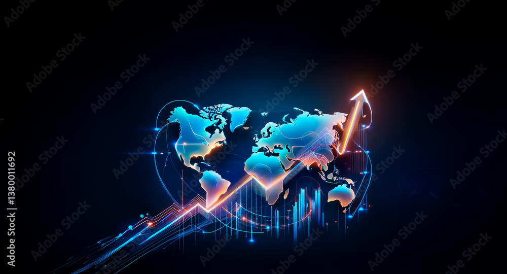 Poster an illuminated world map graphic displays global growth with a vibrant upward arrow and dynamic line