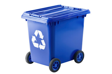 A blue recycling bin awaits waste collection in a daytime eco-friendly neighborhood