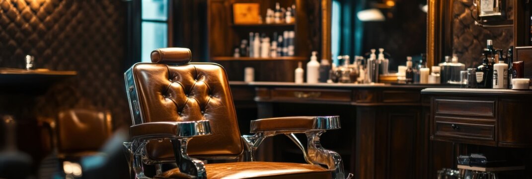 Classic barbershop interior with leather chair and moody lighting creating a masculine vibe for upscale grooming experience