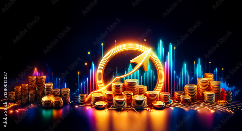 Poster illuminated gold coin stacks and a glowing upward arrow are set against a dark backdrop with a vibra