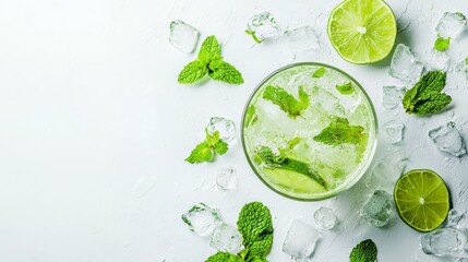 Top view of a refreshing lime cocktail with mint leaves and ice cubes on a white textured background. Perfect for summer themes. AI generative.