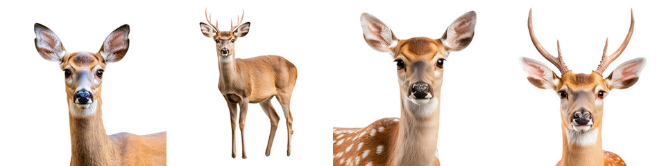 Fototapeta premium Detailed close up shots showcasing the elegant features and expressions of several deer including their distinctive antlers in a peaceful natural environment