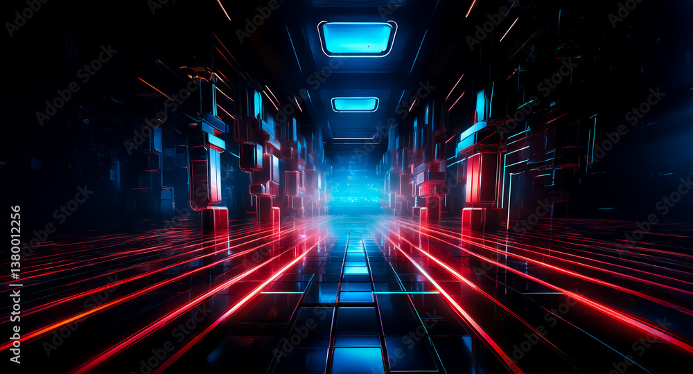 Poster futuristic tunnel with blue and red neon lights creating a perspective view. a sci-fi architectural 