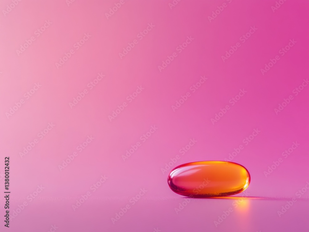 Poster A single translucent yellow capsule is positioned on a soft pastel gradient background, enhanced by gentle reflections of light that create vibrancy