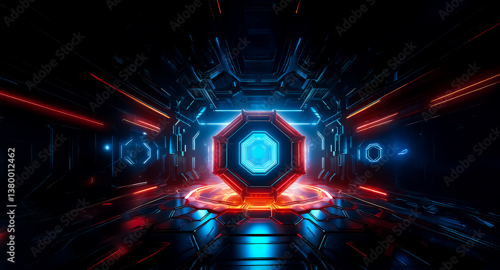 Poster a vibrant tunnel illuminated with neon blue and red lights, leading to a central glowing octagonal s