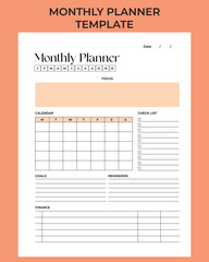 Minimalist Monthly Planner template vector. Aesthetic, modern template. To Do list, notes. Business notebook management, organizer. Aesthetic Vector Printable Template.	