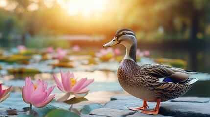 Duck near pond with pink water lilies, sunset.