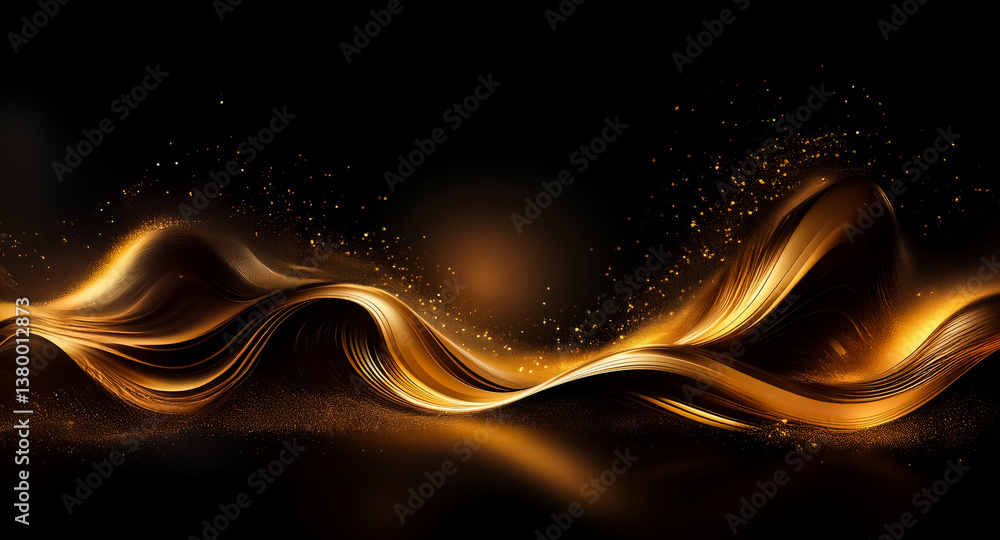 Poster elegant golden waves flowing on a black background. shiny and luxurious abstract design with sparkli
