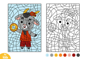 Color by number, education game, cute cartoon Chinese New Year character Goat and coin