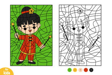 Color by number, education game for kids, Chinese new year character girl and sparklers