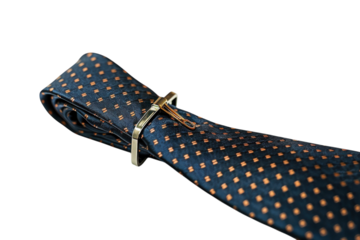 Elegant navy blue tie perfectly styled with a polished clip on a soft white background