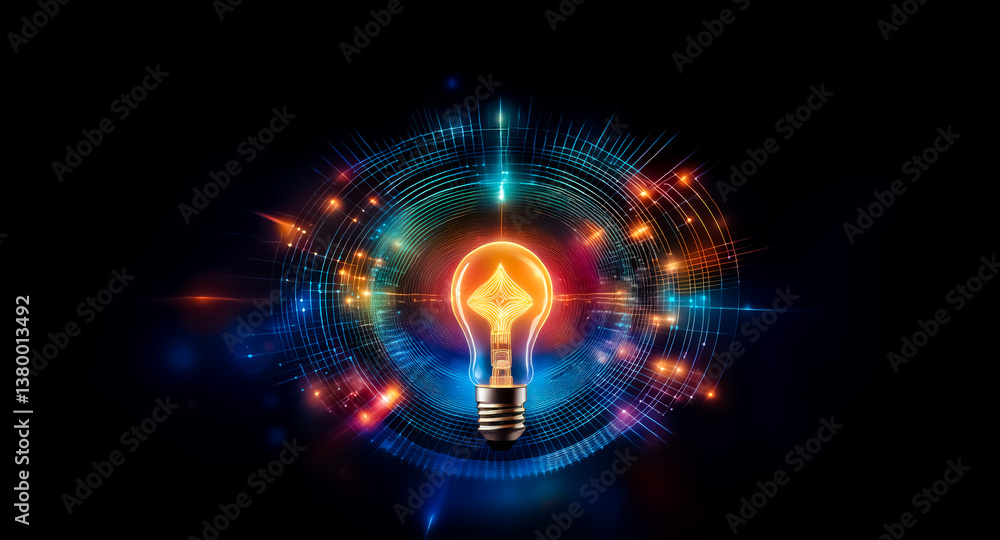 Aufkleber a glowing light bulb is centered, surrounded by abstract colorful shapes and lines against a dark ba