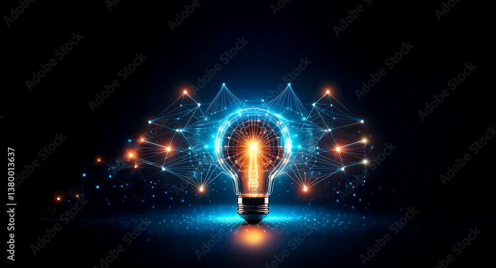 Poster a luminous digital lightbulb radiates bright light, surrounded by a glowing network of interconnecte