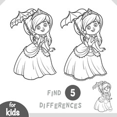 Cute cartoon princess and umbrella. Find differences, education black and white game for kids