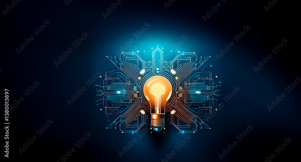 Poster illuminated bulb icon amidst glowing circuit patterns on dark backdrop, symbolizing ideas and techno