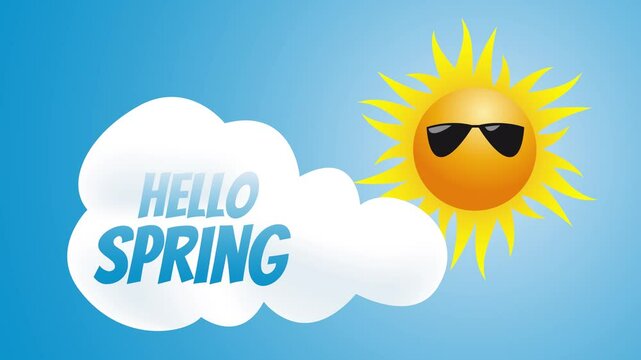 Bright sun with sunglasses and cloud greeting spring, in cartoon style. Hello spring text. Animated video