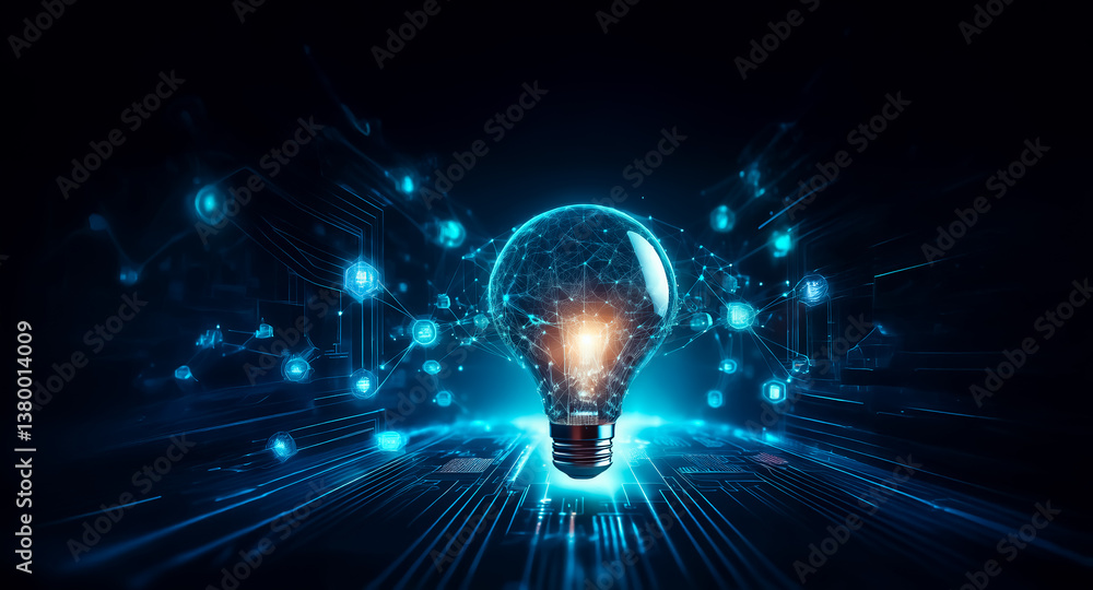 Poster a digital light bulb radiating bright ideas and innovation, connected by glowing lines representing 
