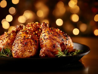 Golden crispy roast chicken rests in a cast-iron pan, accented by fresh rosemary and illuminated by soft natural light, perfect for a cozy meal setting