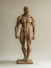 Muscular clay sculpture showcasing human anatomy against a soft neutral background with detailed muscle definition and strong posture