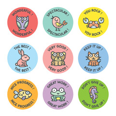 Kids children cute animal stickers praise encouragement grade stamp for student teacher back to school classroom study kindergarten reward motivation for print mark label	