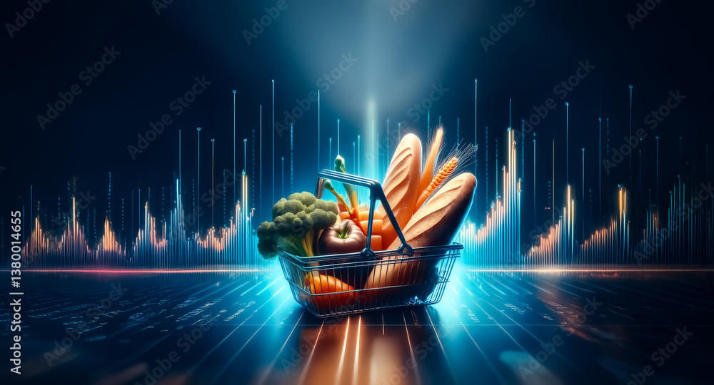 Poster a basket of fresh food including bread and vegetables is illuminated against a futuristic digital ba