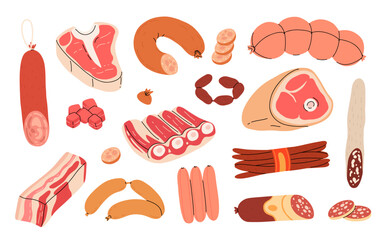 Set of meat products ingredients for BBQ, sausages, meat, steaks, chicken legs. Cartoon flat doodle design of pieces of meat. Raw and fried meat kebab set