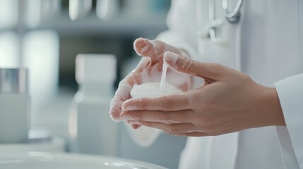 Doctor sanitizing hands with gel for hygiene and safety