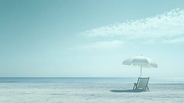 A minimal landscape with a man in a beach chair under a lone umbrella, ocean breeze visible in fabric folds, gentle sky fading into pale blue. Created Using: DSLR capture, natural light diffusion,