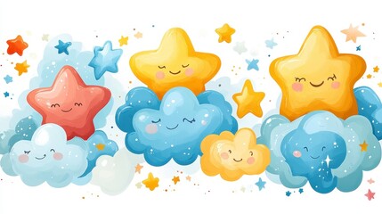 Smiling stars and clouds, various colors, whimsical cartoon design