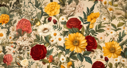 Vintage floral pattern featuring red, yellow, and white flowers with green leaves on a light background. Ornate and detailed design.