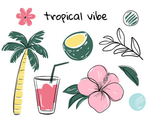 Exotic collection. Summertime tropical doodles. Hand drawn summer simple style set. Palm trees, tropical flowers, cocktail.