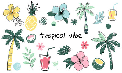 Summertime tropical doodles. Hand drawn summer simple style set. Palm trees, tropical flowers, cocktails. Exotic collection.