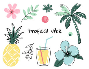 Hand drawn summer simple style set. Summertime tropical doodles. Palm trees, tropical flowers, cocktails. Exotic collection.
