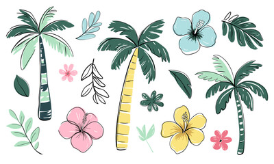Obraz premium Summertime tropical doodles. Hand drawn summer set. Palm trees, tropical flowers and leaves. Exotic collection.