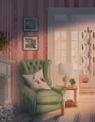 illustration of the interior of a living room in a classic style house