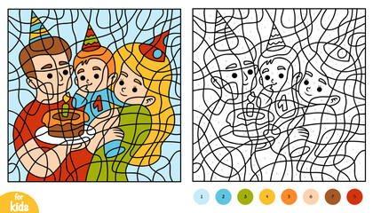 Happy parents and baby with birthday cake. Color by number, education black and white game