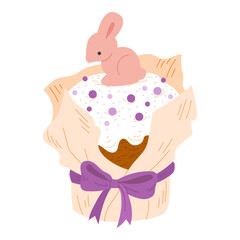 Vector illustration of a stylish Easter cake topped with a small pink bunny figure.  Pastel-toned dessert wrapped in craft paper