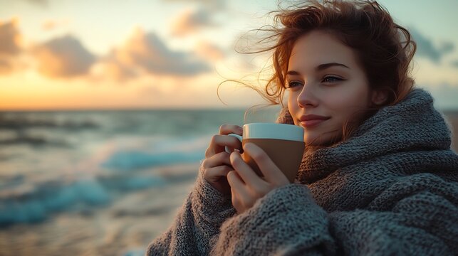 A woman sipping hot coffee while wrapped in a blanket, soft ocean breeze moving her hair, sky softly lit with early morning colors, peaceful silence. Created Using: vintage LUT, shallow DOF,