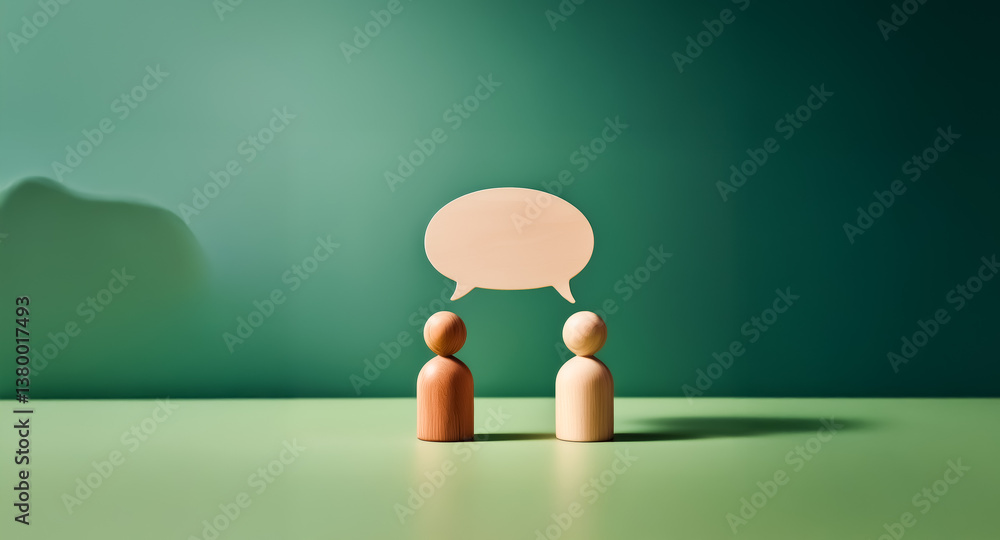 Poster two wooden figures face each other with a speech bubble above, set against a green backdrop. minimal