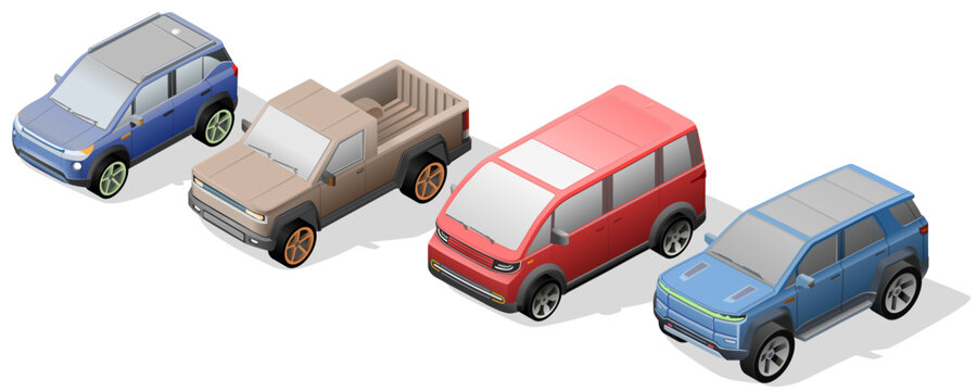 Isometric vector set of rugged and practical vehicles, including SUVs, a pickup, and a van. Ideal for adventure, outdoor, logistics, or transport-related design projects.