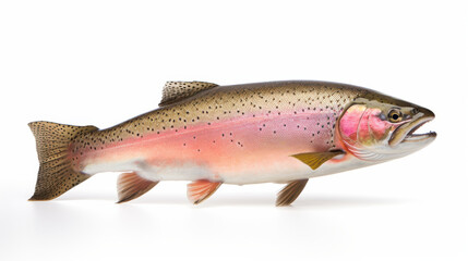 Obraz premium This rainbow trout showcases its striking colors and patterns. The fish features a silvery body with pink and green hues, detailed fins, and a distinctive spot pattern, emphasizing its aquatic beauty
