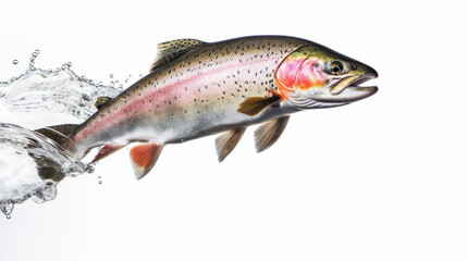 Obraz premium Rainbow trout leaps from the water, exhibiting bright colors and detailed patterns against a white background. Water splashes around, highlighting its graceful movement in an isolated setting