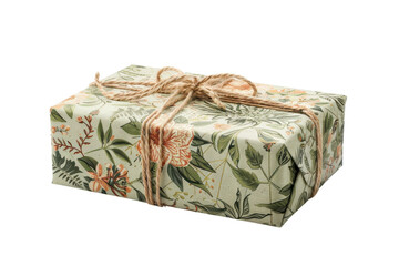 A beautifully wrapped gift adorned with floral patterns and twine on a bright background