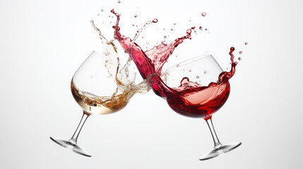 Two elegant wine glasses filled with red and white wine are clinking together, creating a splash of liquid in a cheerful celebration. The setting reflects joy and merriment