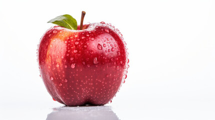 A fresh red apple sits isolated against a white background, covered in water droplets that enhance its vibrant color and glossy texture. The apple&rsquo;s green leaf adds a touch of freshness