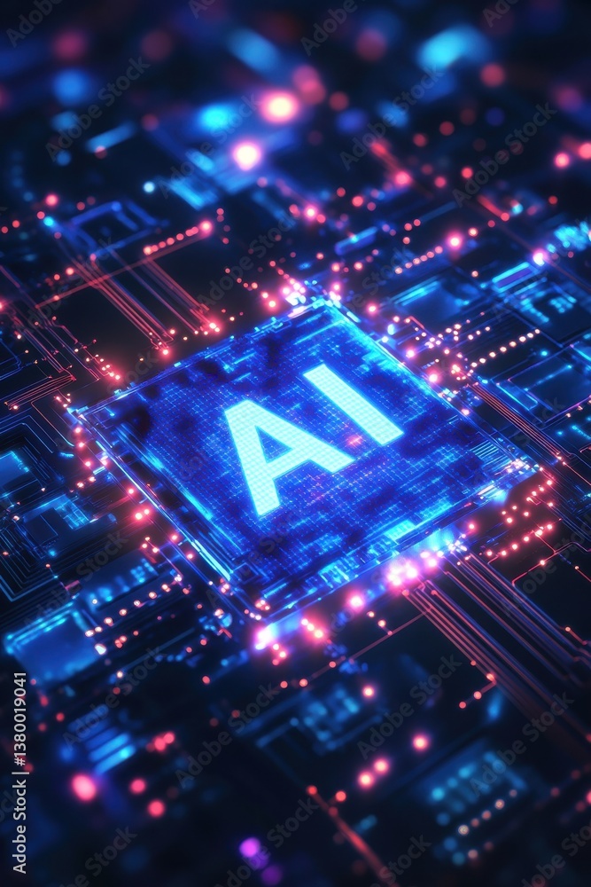 Poster futuristic glowing ai chip with digital circuits and data visualization